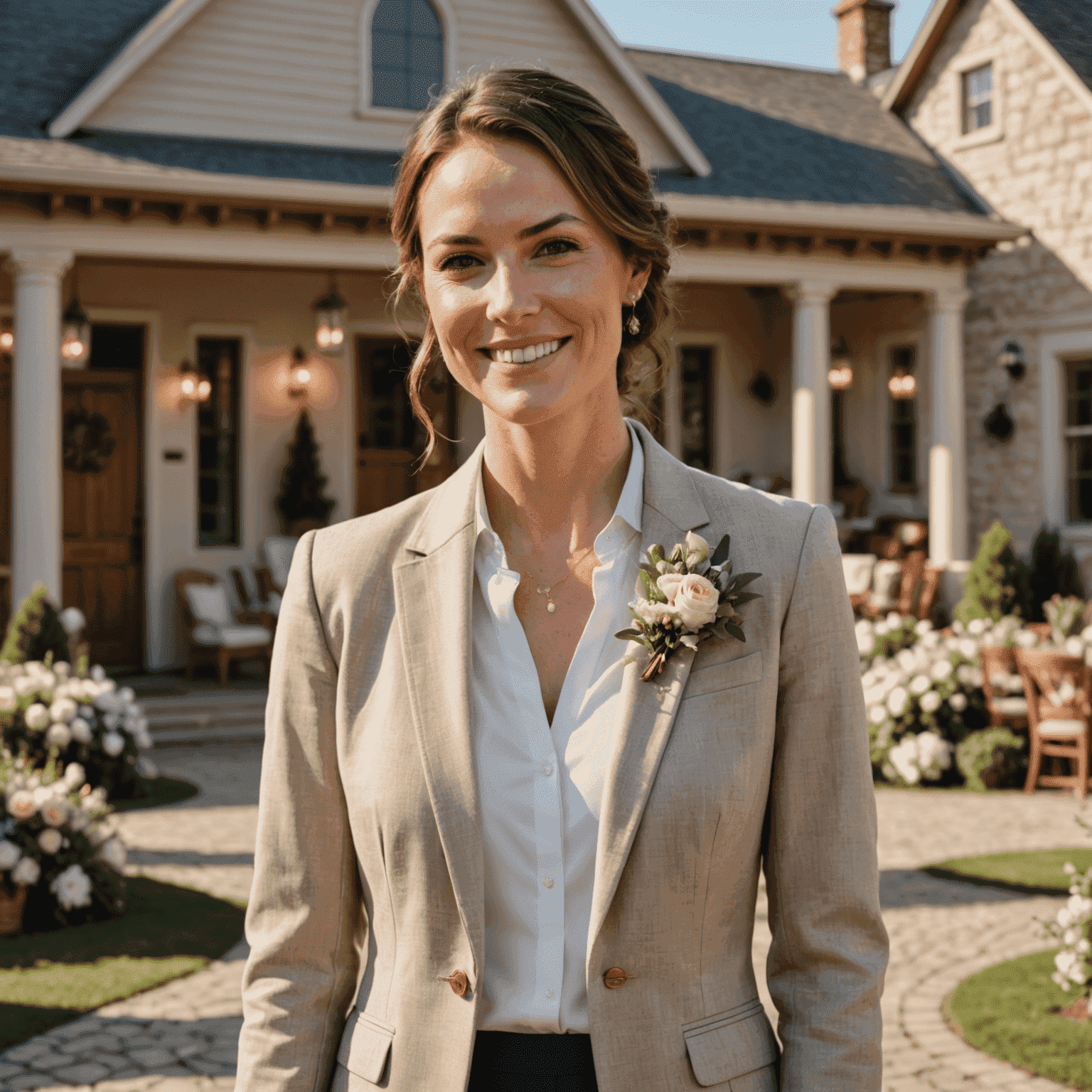 Emily Johnson, Lead Wedding Planner - A professional woman in her early 30s with a warm smile, wearing a stylish blazer, standing in front of a beautifully decorated wedding venue