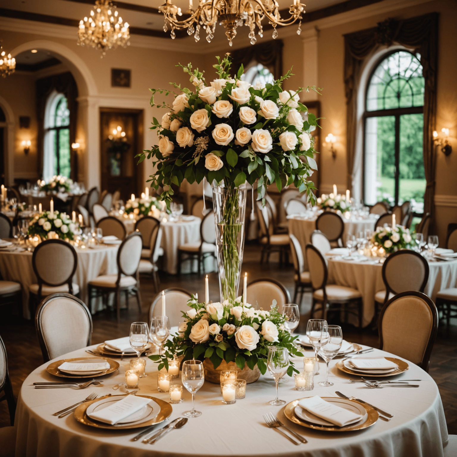 A beautifully decorated wedding venue with floral arrangements, soft lighting, and elegant table settings. The image showcases a romantic atmosphere with attention to detail in every aspect of the decor.