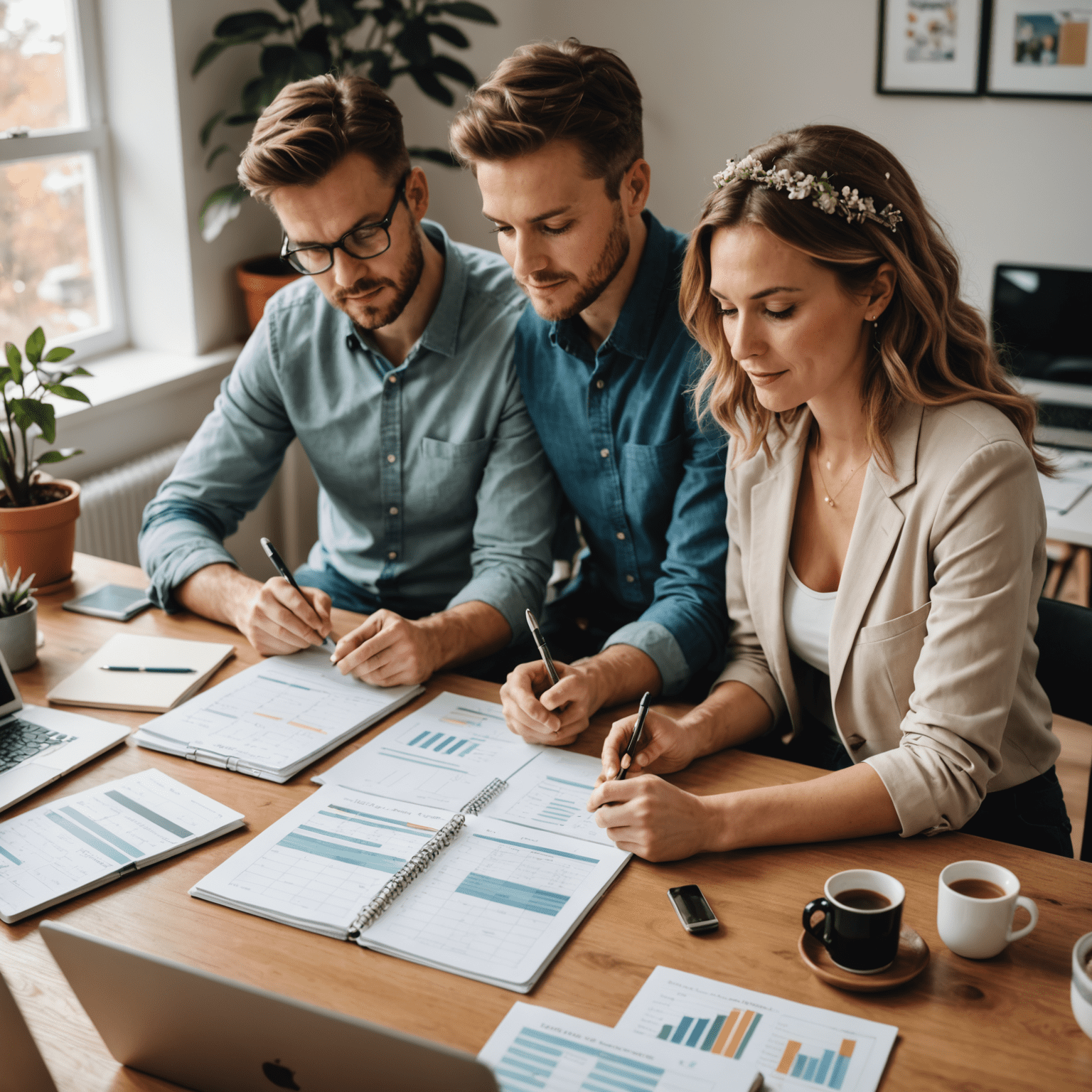 A couple reviewing wedding plans, surrounded by notebooks, calendars, and a laptop showing budget spreadsheets