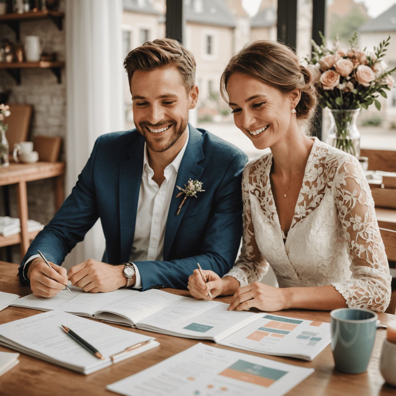 A joyful couple sitting at a table with wedding planning materials, smiling and discussing their plans