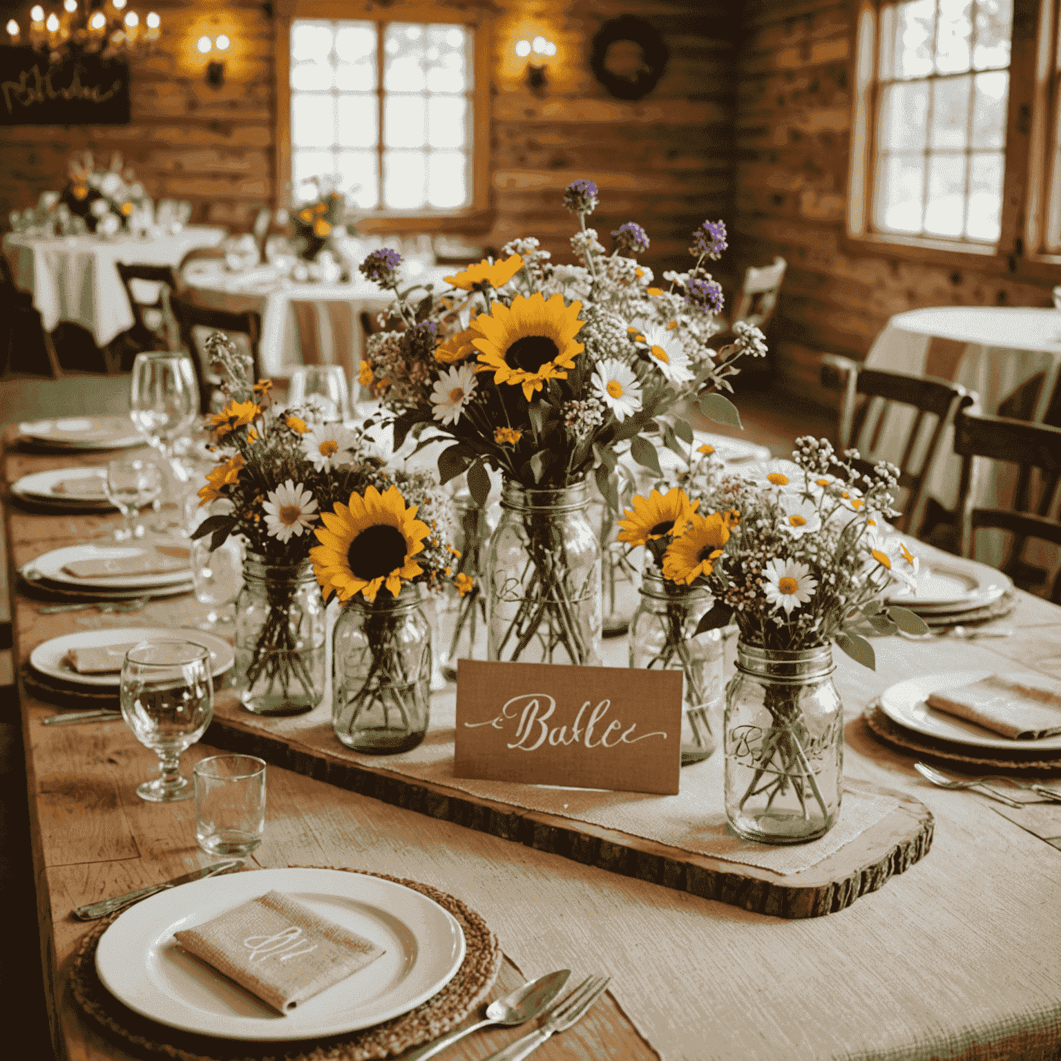 A beautifully decorated wedding reception table with handmade centerpieces, featuring mason jars filled with wildflowers, burlap table runners, and wooden name cards