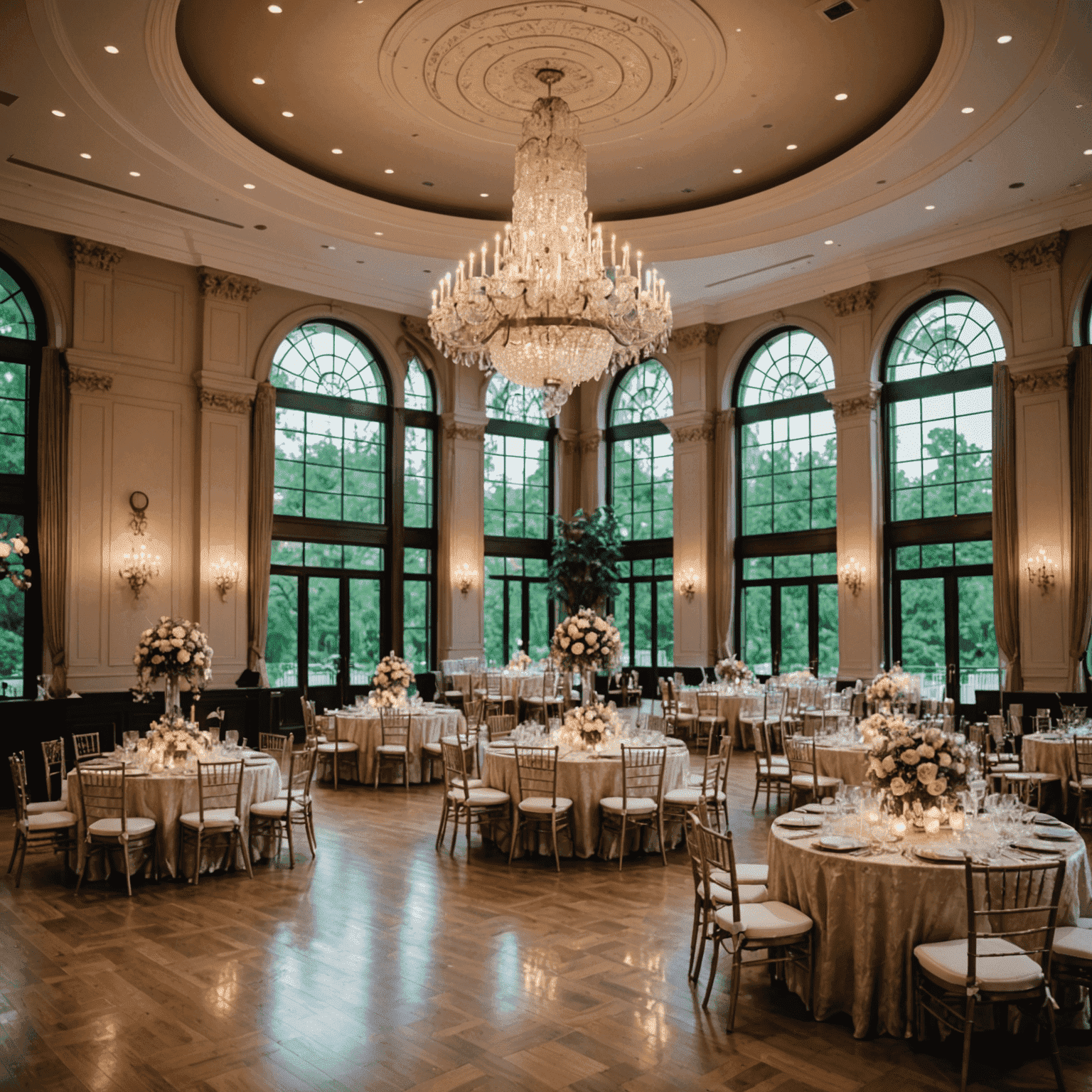 A breathtaking wedding venue with a grand ballroom, crystal chandeliers, and floor-to-ceiling windows overlooking a lush garden