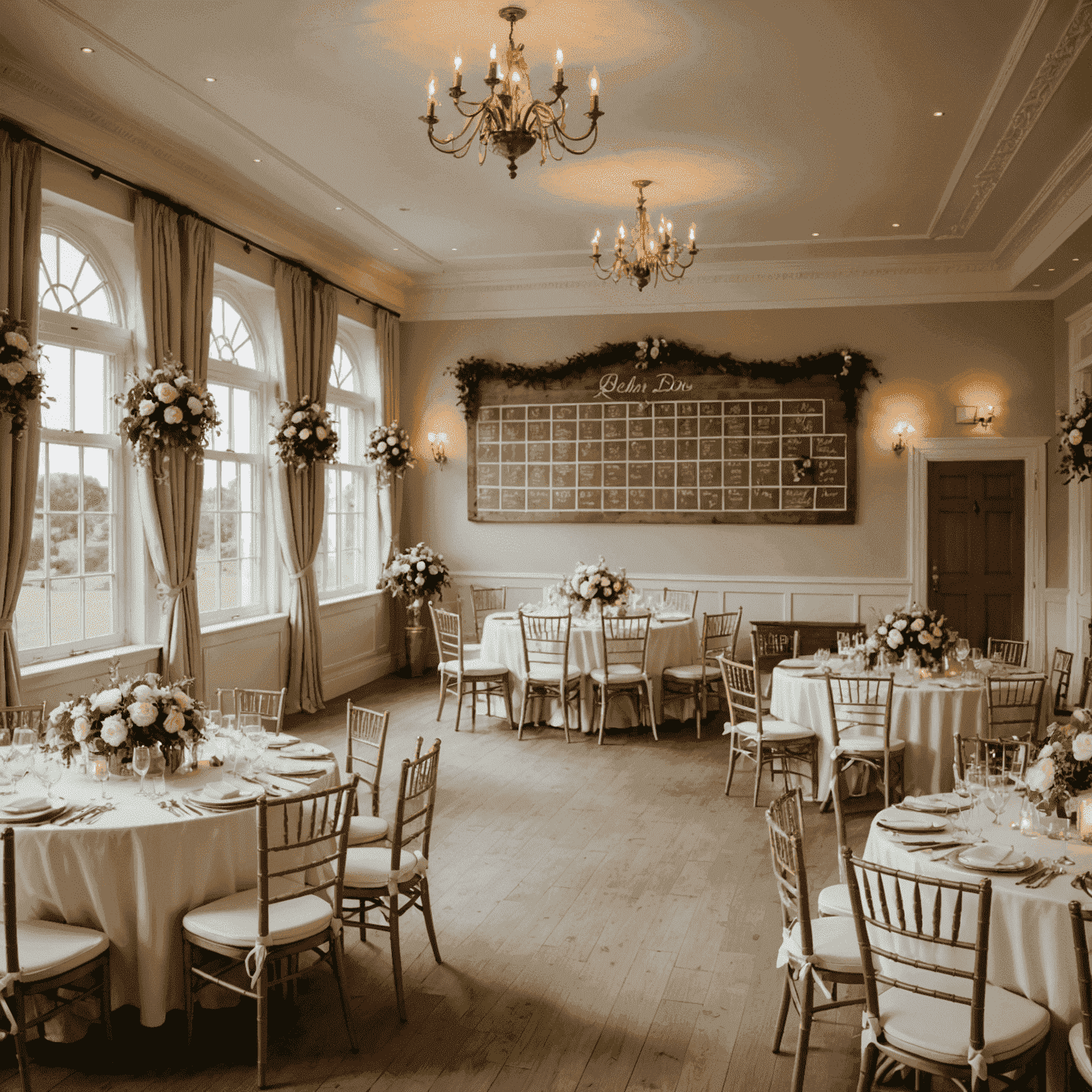 A beautifully decorated wedding venue with a timeline overlay, showing different stages of a wedding day from morning preparations to evening reception