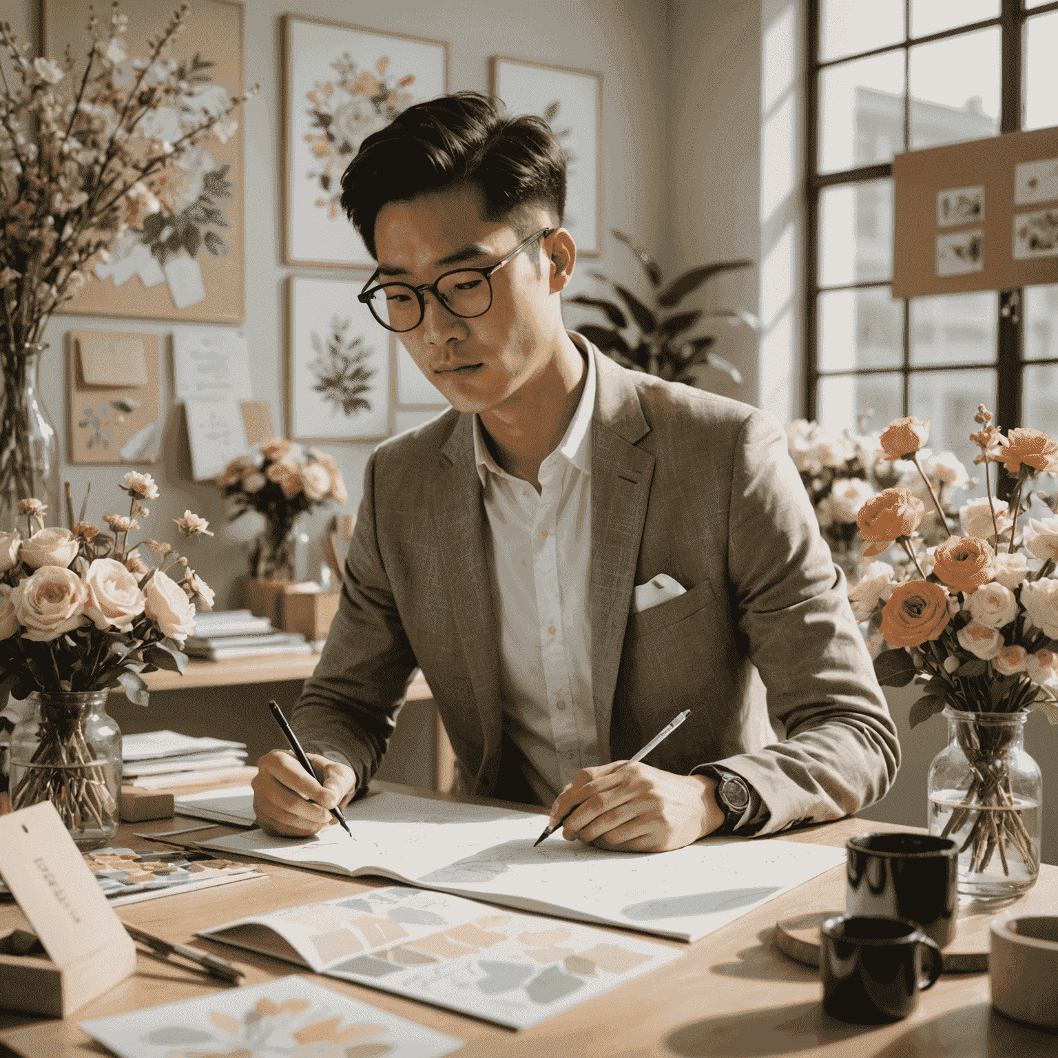 Michael Chen, Design Specialist - A creative-looking man in his late 20s with glasses, sketching wedding decor ideas in a sunlit office surrounded by fabric swatches and floral arrangements