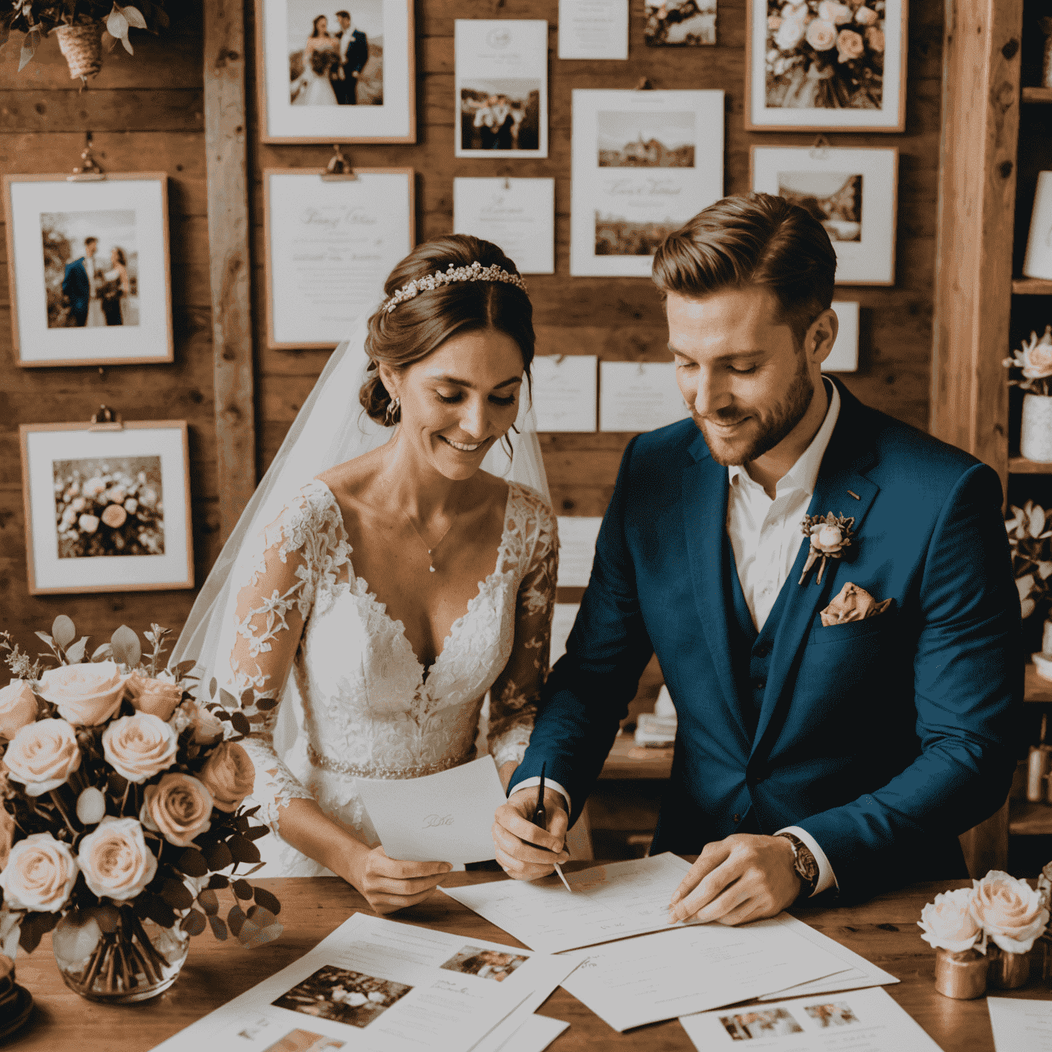 A bride and groom looking at a wedding planner, surrounded by various planning elements like invitations, flower samples, and venue photos