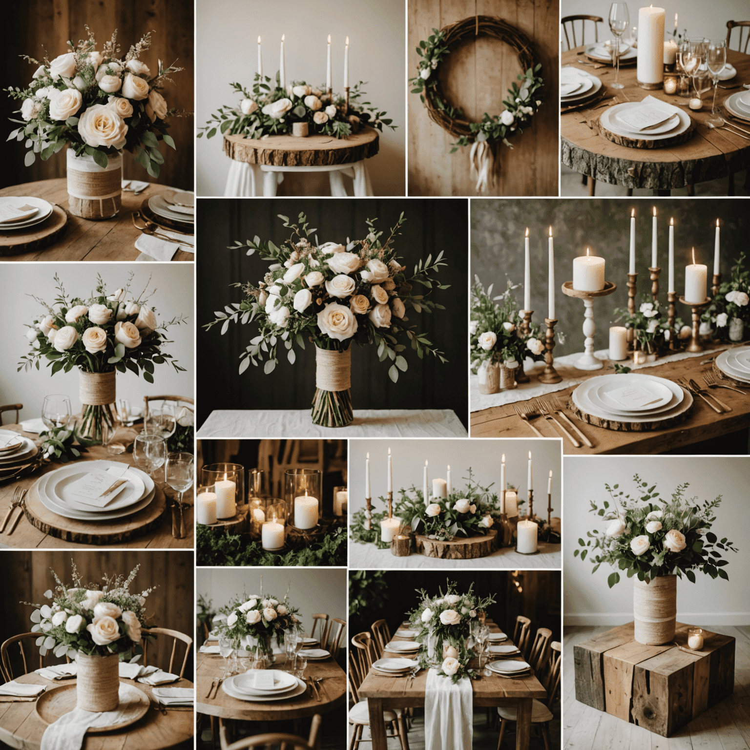 Collage of trendy wedding decor showcasing rustic chic and modern minimalist styles