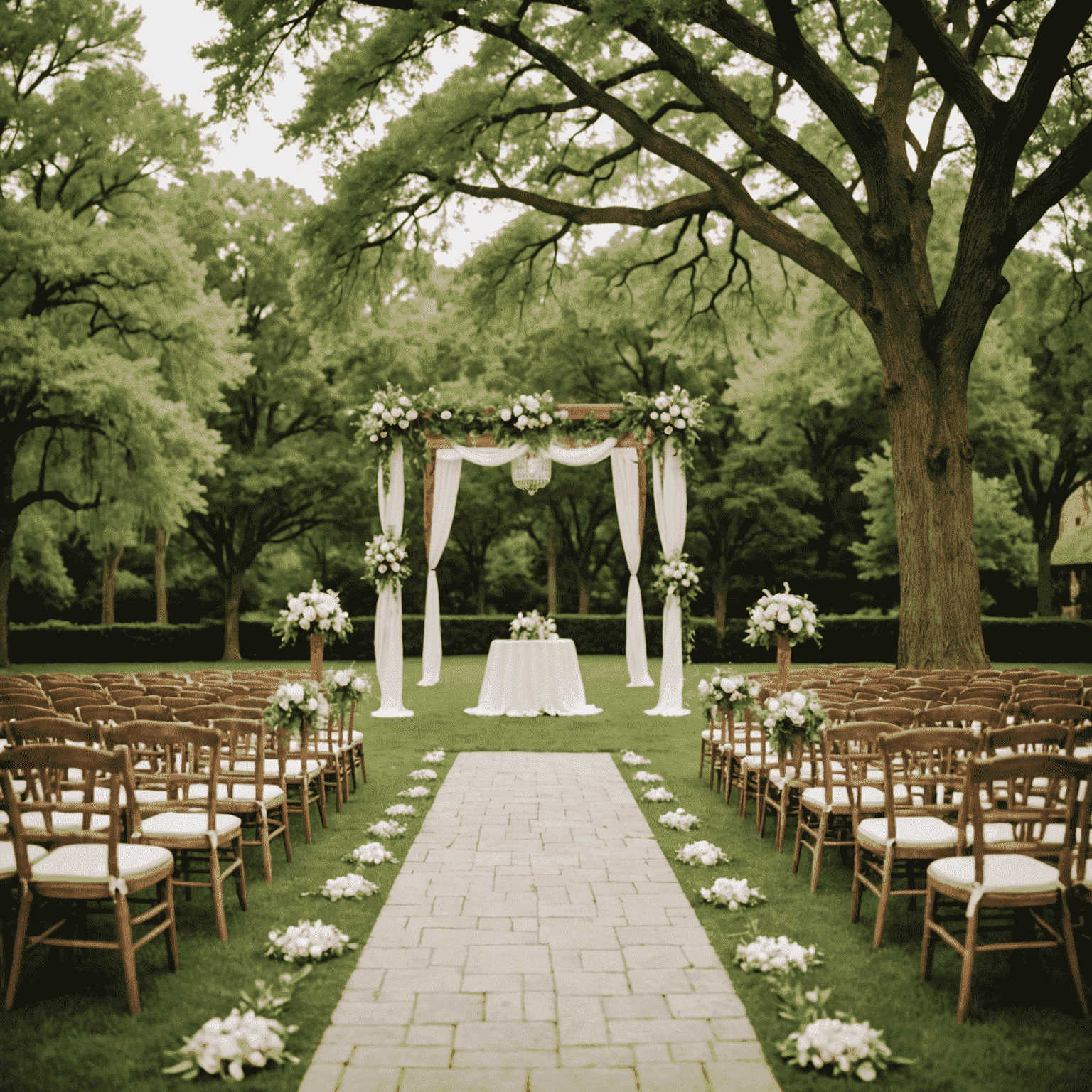 A picturesque wedding venue with a beautifully decorated outdoor ceremony space and a grand reception hall