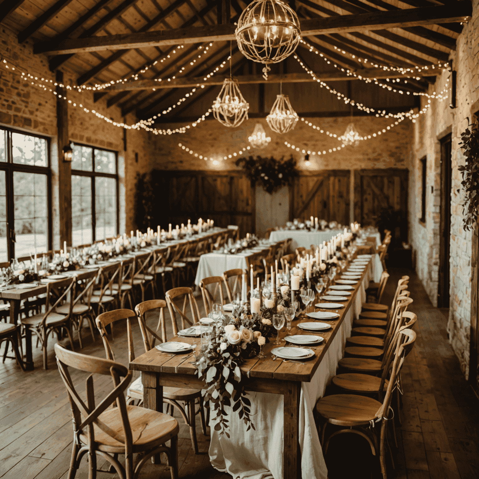 A rustic chic wedding setup with wooden elements, fairy lights, and elegant table settings