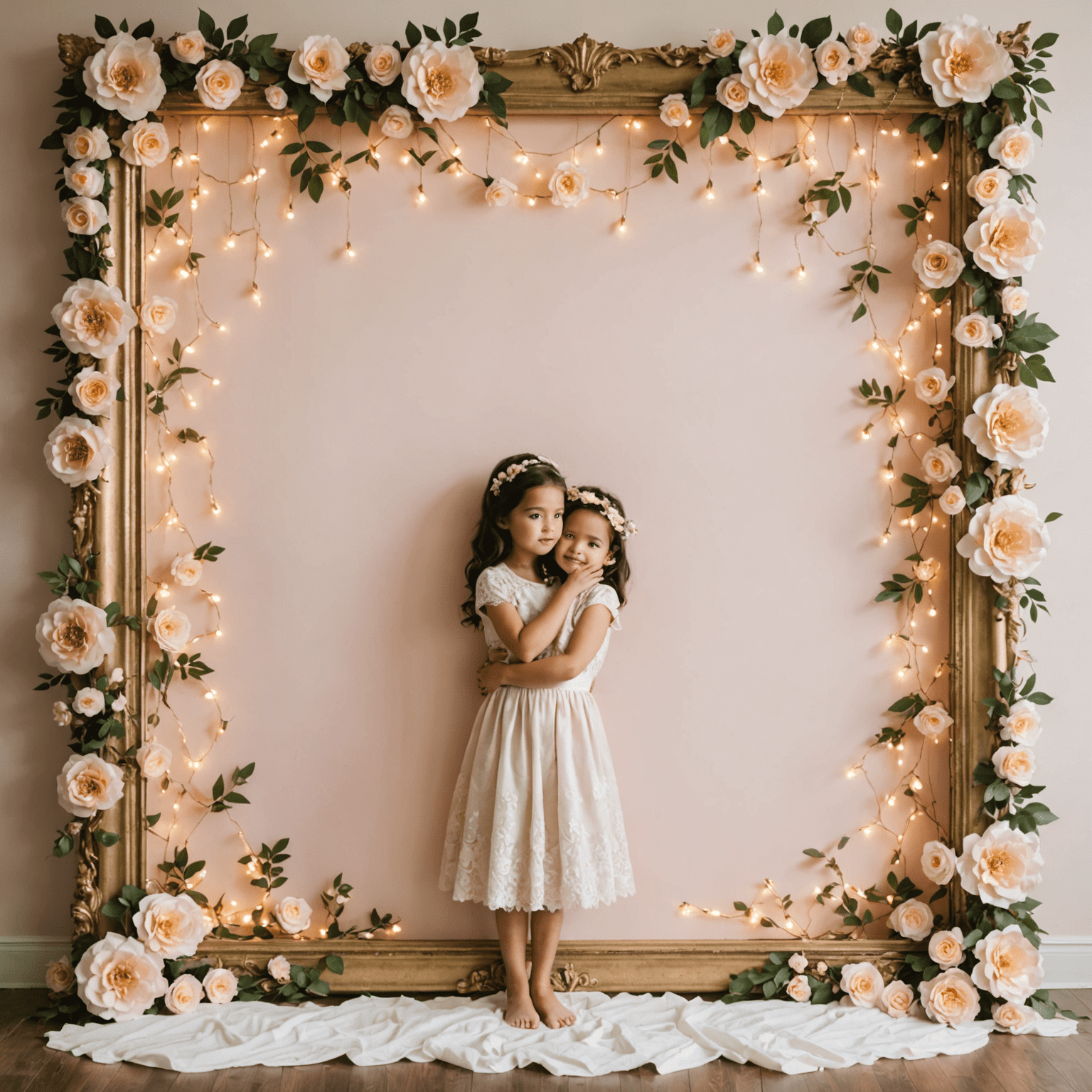 A DIY photo backdrop made with a large ornate frame painted in gold, filled with hanging paper flowers in blush pink and white, and string lights