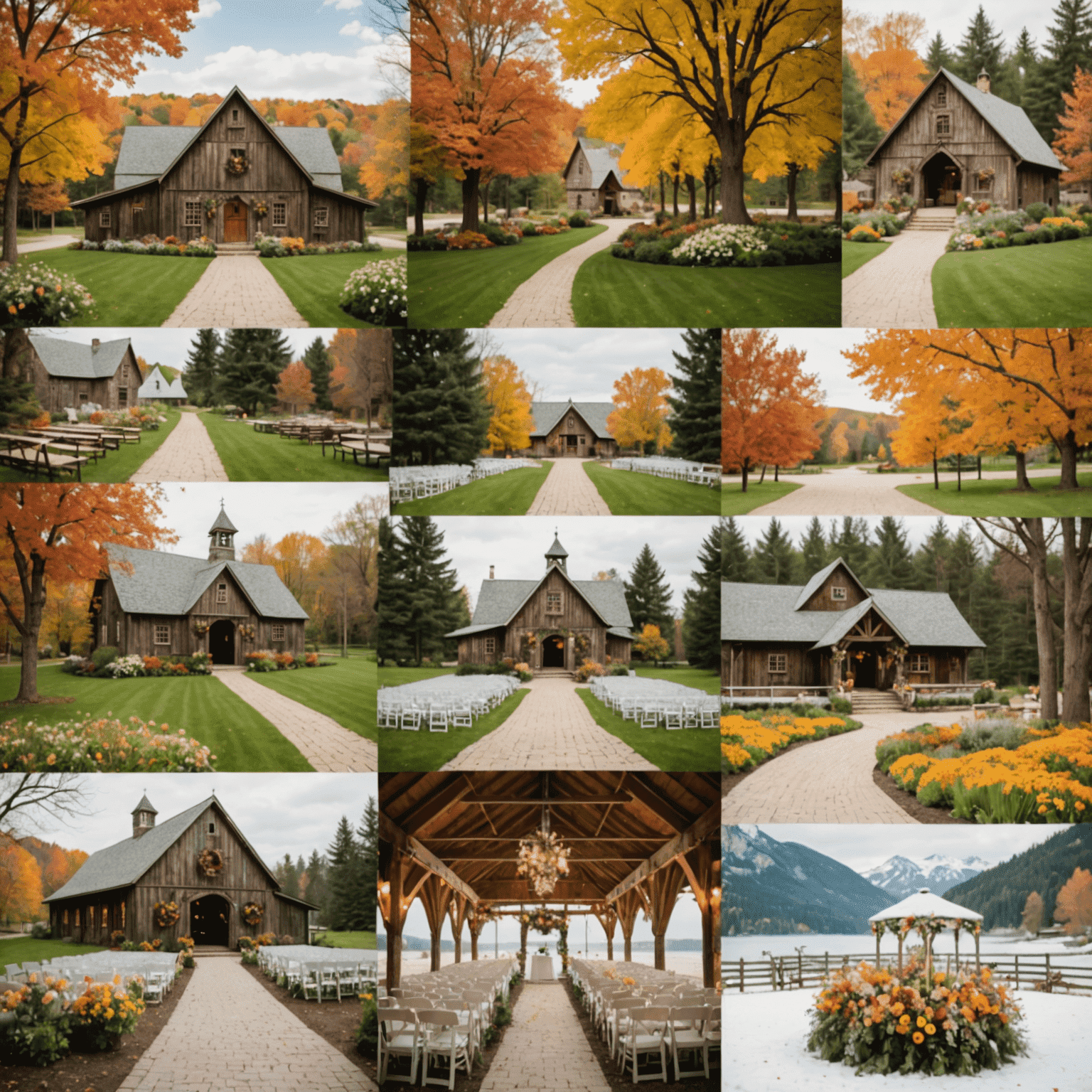 A collage of four wedding venues showcasing their beauty in different seasons - a beach in summer, a rustic barn in fall, a cozy chalet in winter, and a blooming garden in spring