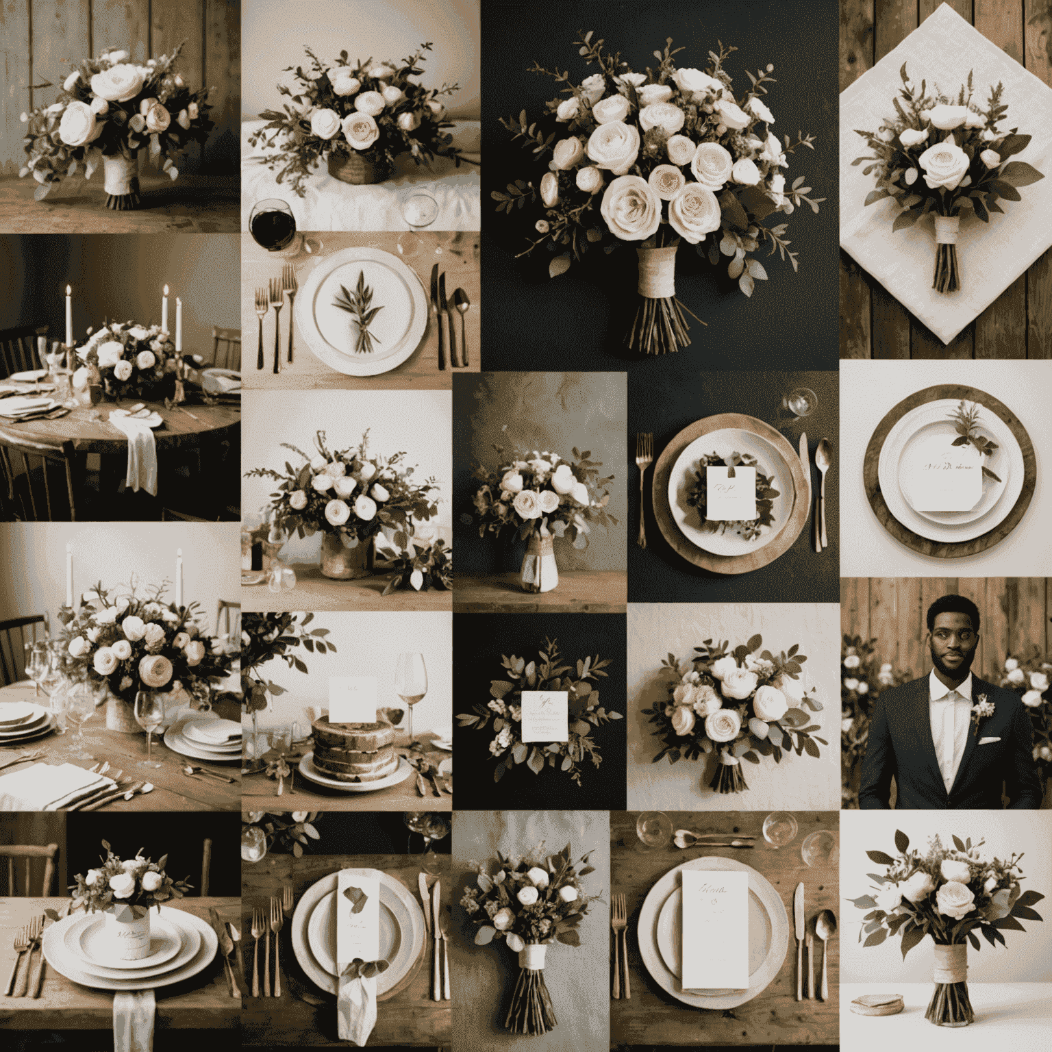 A collage of trendy wedding themes for 2024, showcasing rustic chic decor, minimalist table settings, and modern floral arrangements