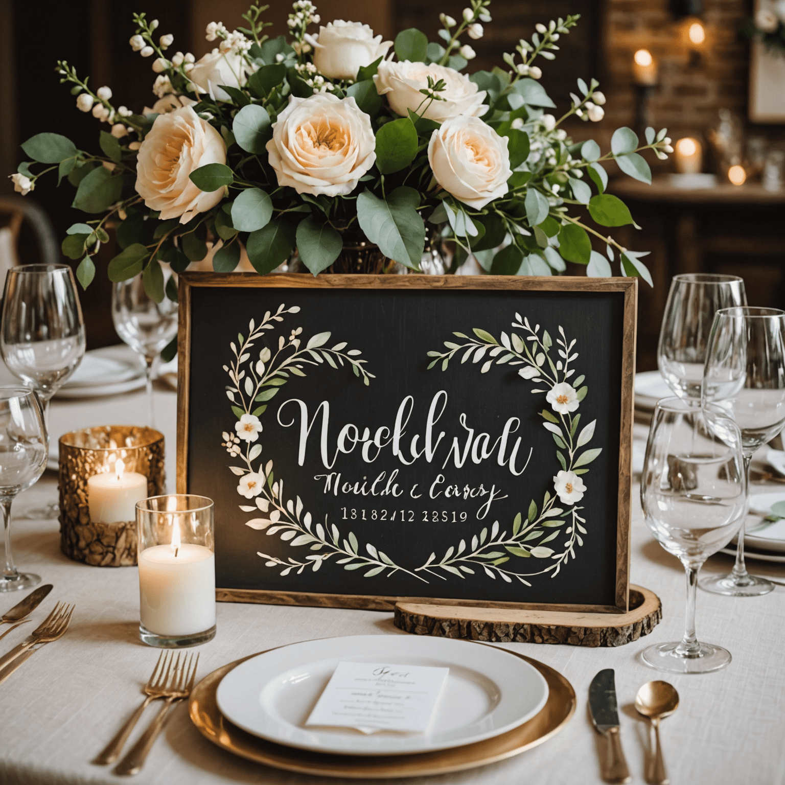 Hands crafting personalized wedding decorations, including floral centerpieces and hand-painted signs