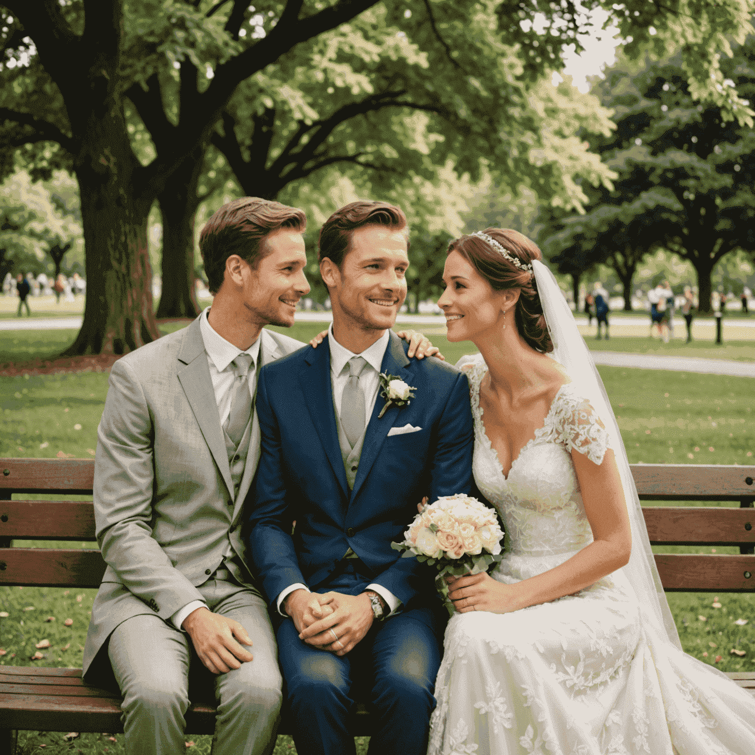 A couple taking a break from wedding planning, enjoying a quiet moment together in a park