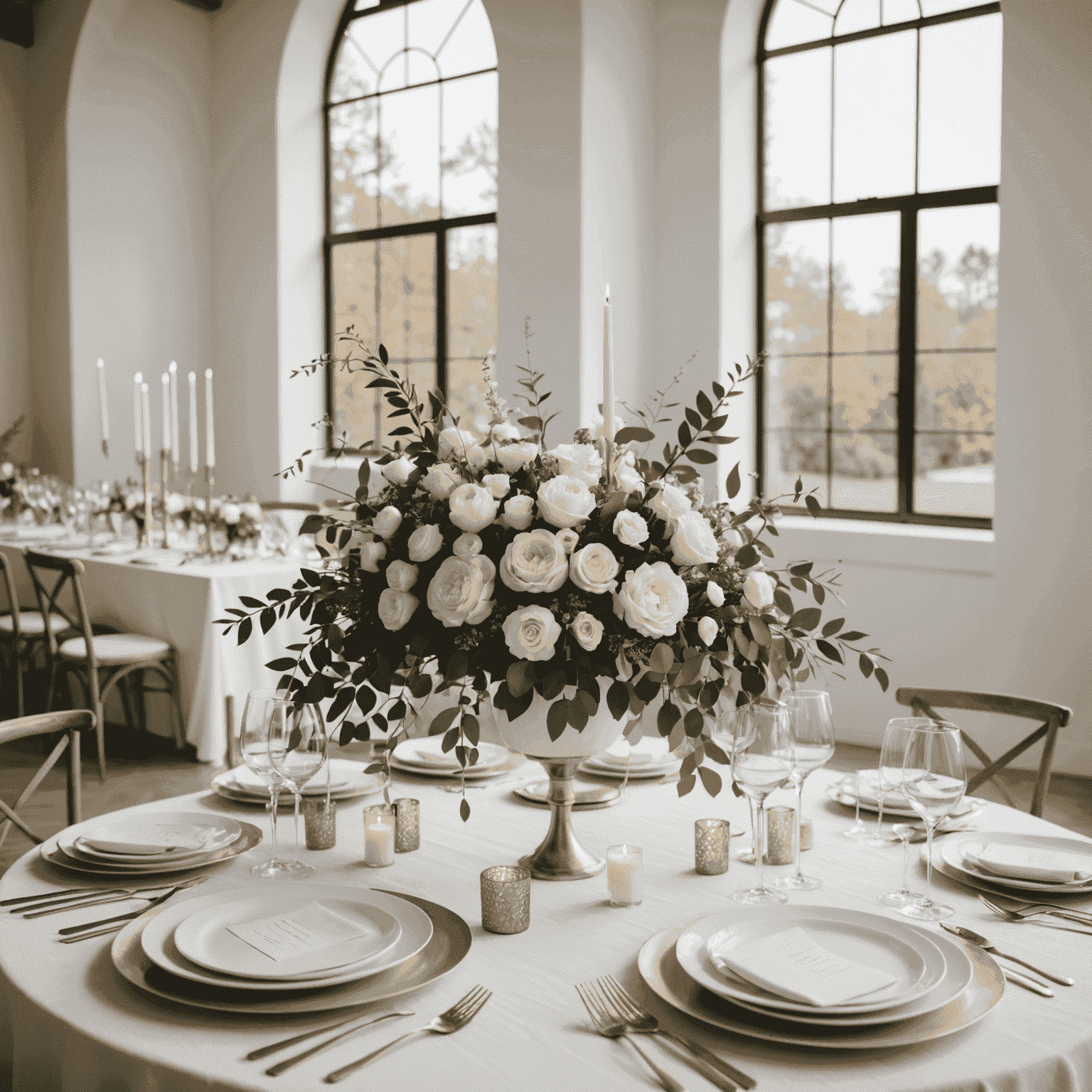 A minimalist wedding reception with white decor, geometric shapes, and a striking floral centerpiece