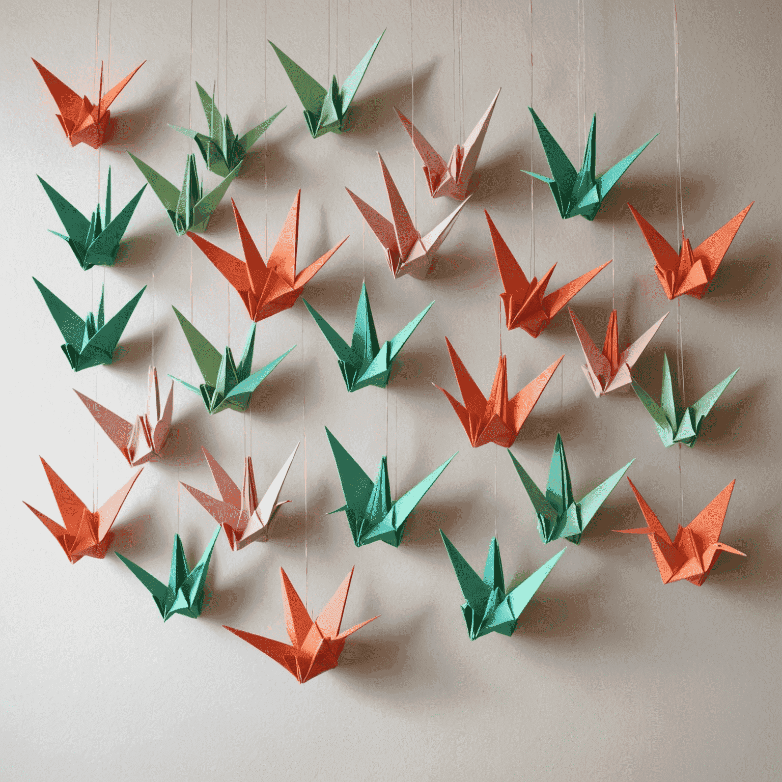 A string of colorful origami cranes hanging as a decorative garland, with soft pastel colors of mint green, blush pink, and coral