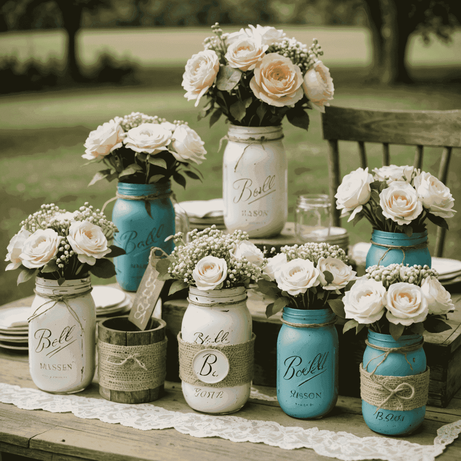 A collection of handmade wedding decorations including mason jar centerpieces, hand-painted signs, and fabric flower bouquets