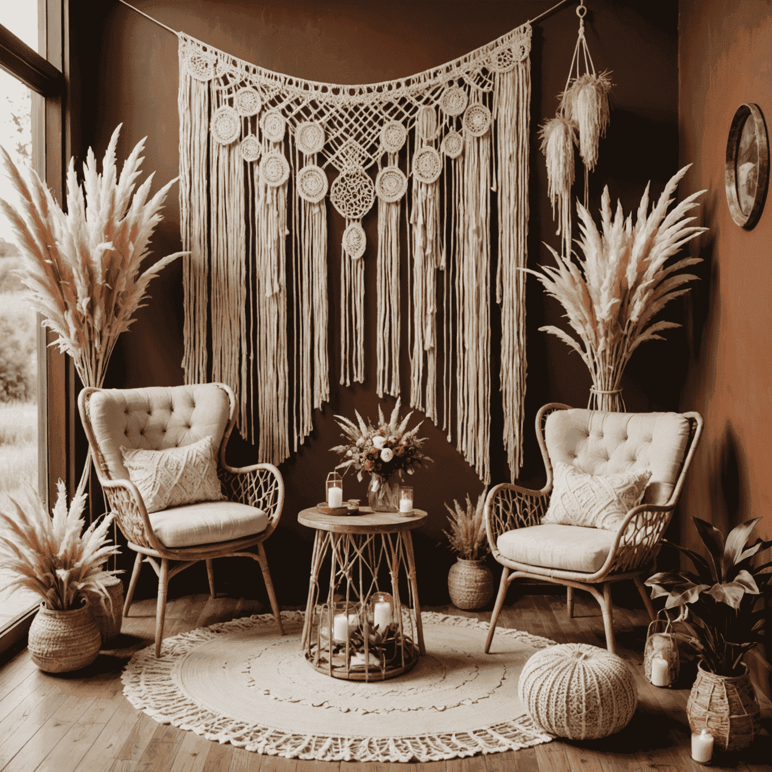 A bohemian wedding setup with a macramé backdrop, pampas grass decorations, and mismatched vintage furniture