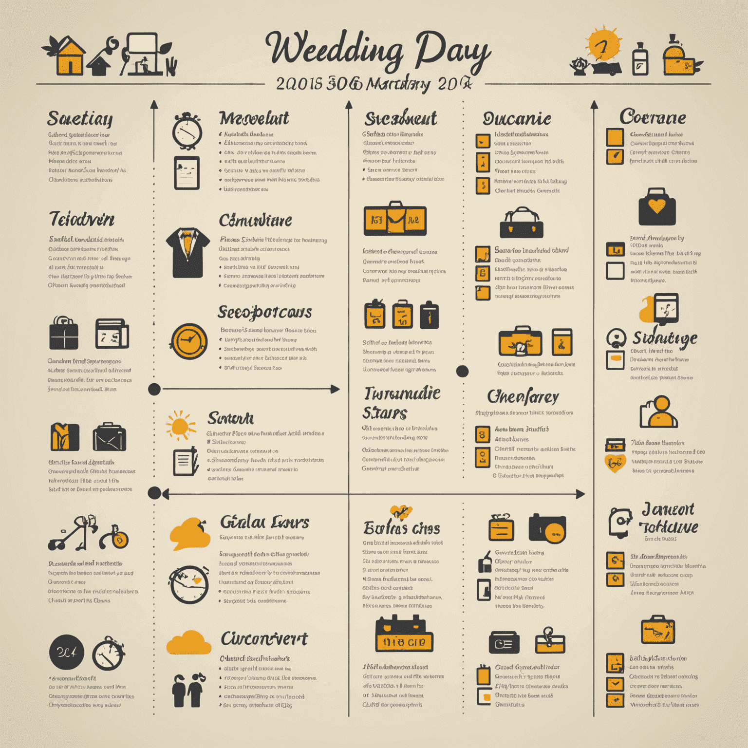 Infographic showing a typical wedding day schedule with icons for each event from morning preparations to evening reception