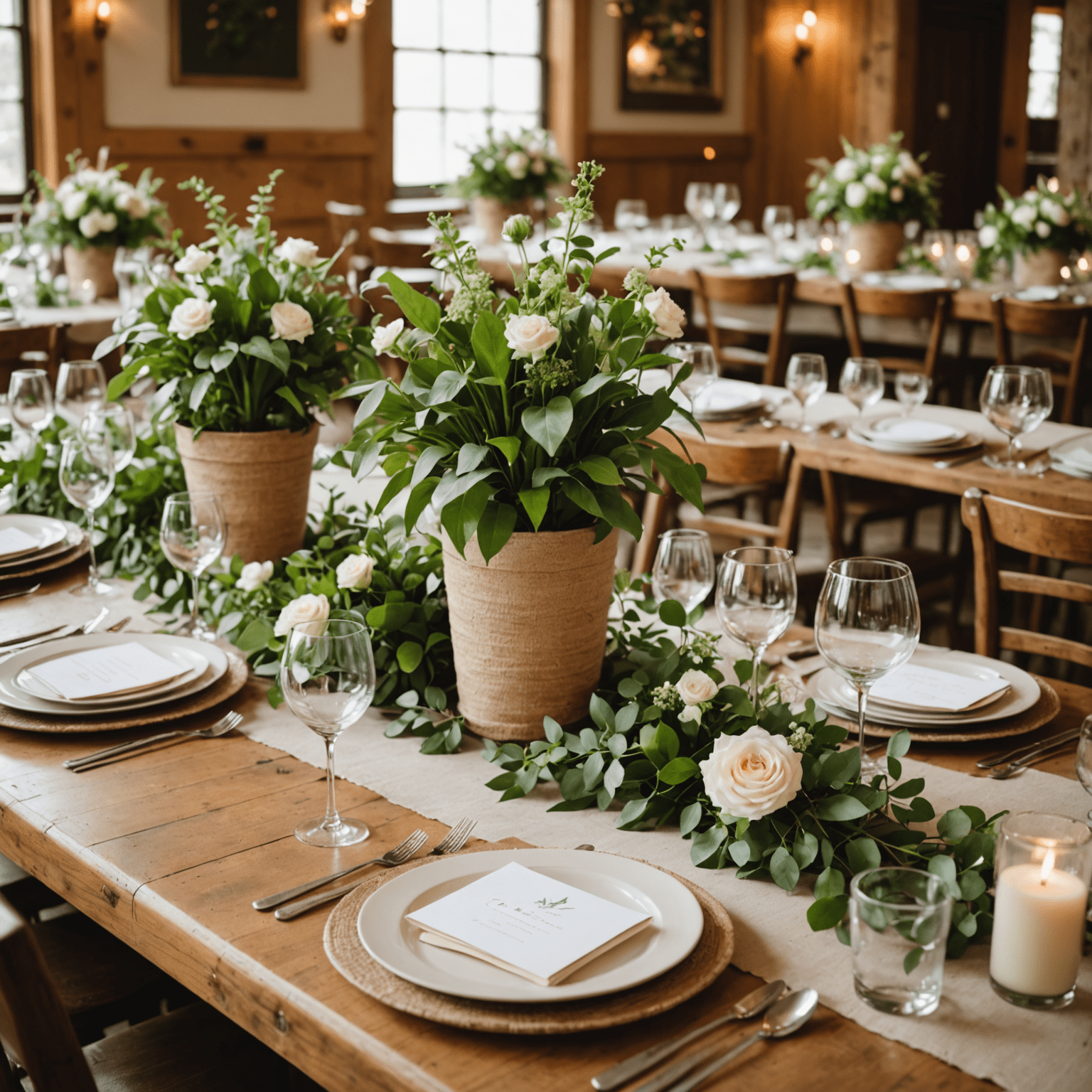 An eco-friendly wedding featuring potted plant centerpieces, recycled paper place cards, and locally-sourced floral arrangements