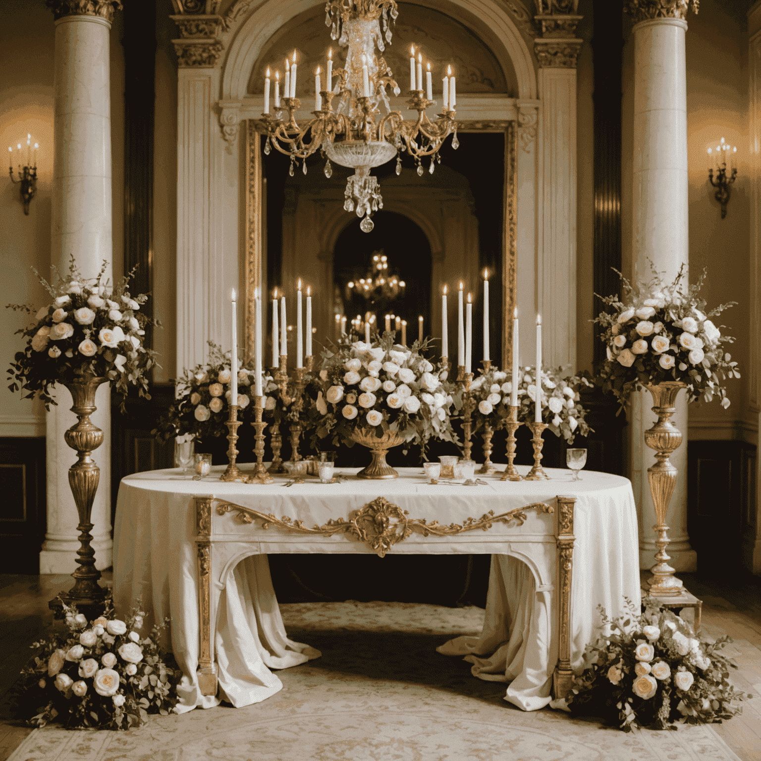 A Regency-inspired wedding setup with ornate gold details, lush floral arrangements, and candelabras